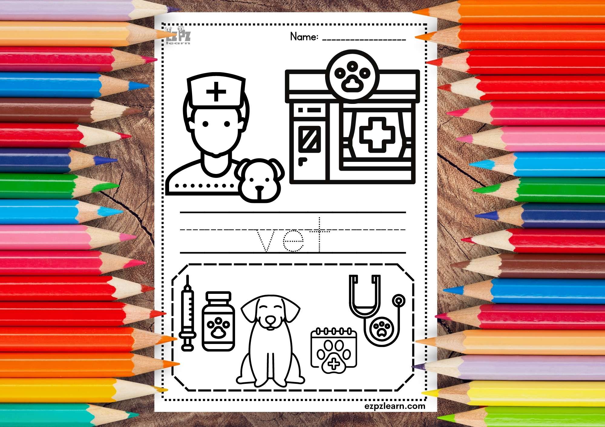 Vet Coloring and Trace the Word Page Jobs Topic for Kids